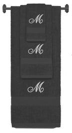 Charcoal monogrammed towel set with Silver thread, Diana Script font, initial M - 540 GSM cotton 3-piece