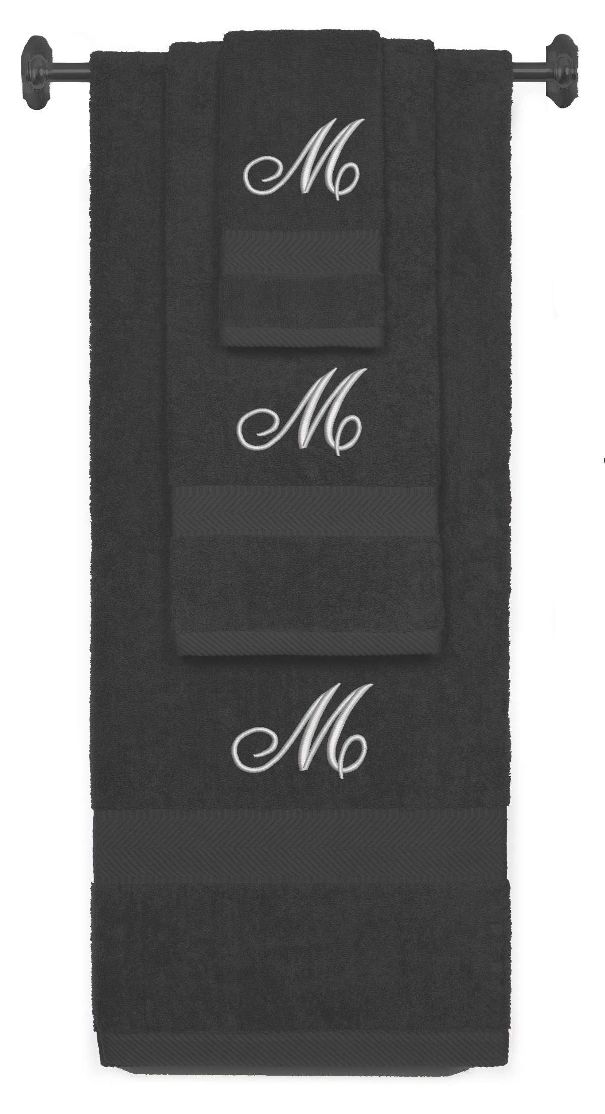 Charcoal monogrammed towel set with Silver thread, Diana Script font, initial M - 540 GSM cotton 3-piece