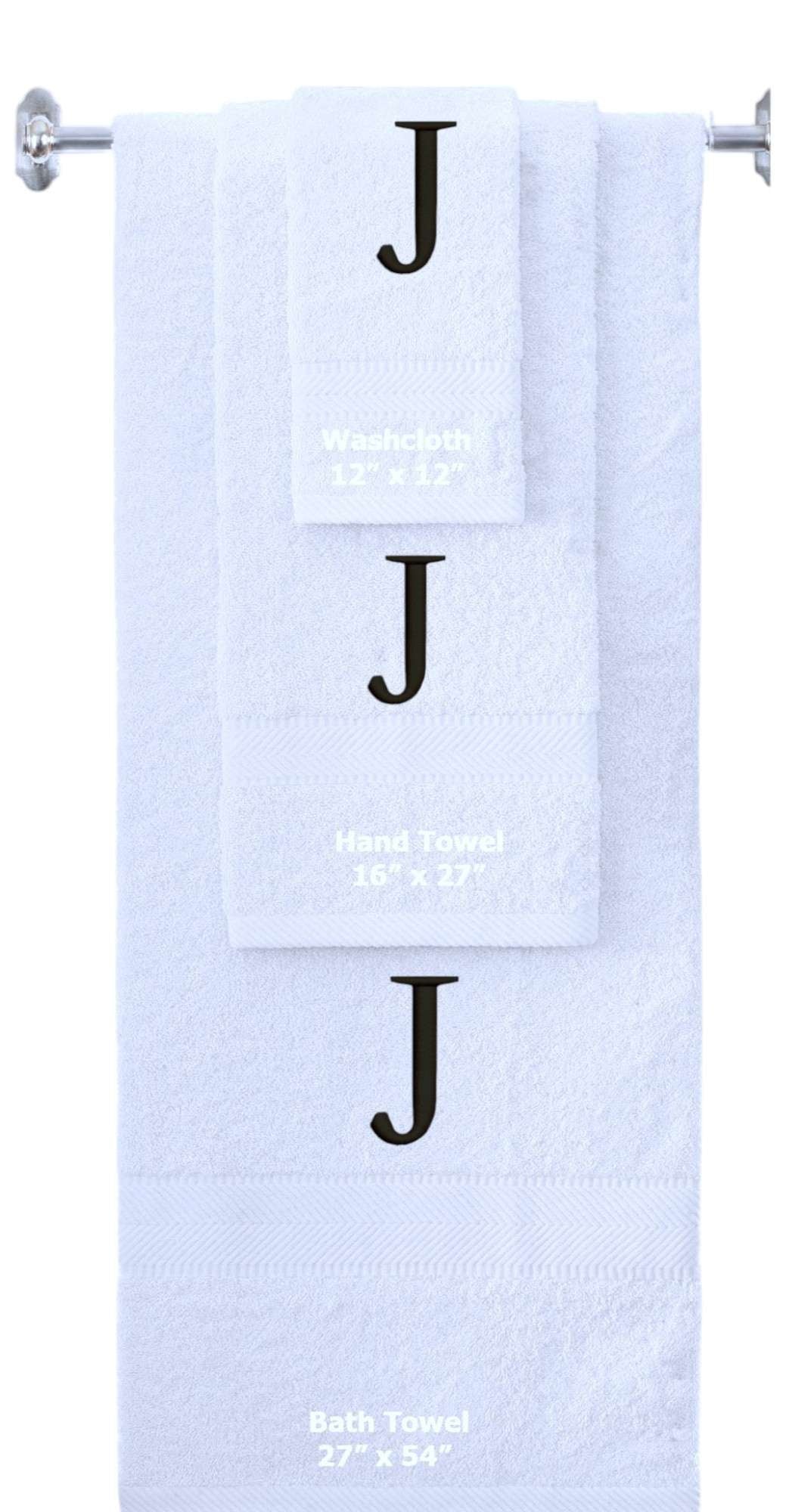 White monogrammed towel set with Black thread, Times New Roman font, initial J - 540 GSM cotton 3-piece