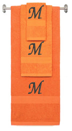 Orange monogrammed towel set with Black thread, Chancery font, initial N - 540 GSM cotton 3-piece