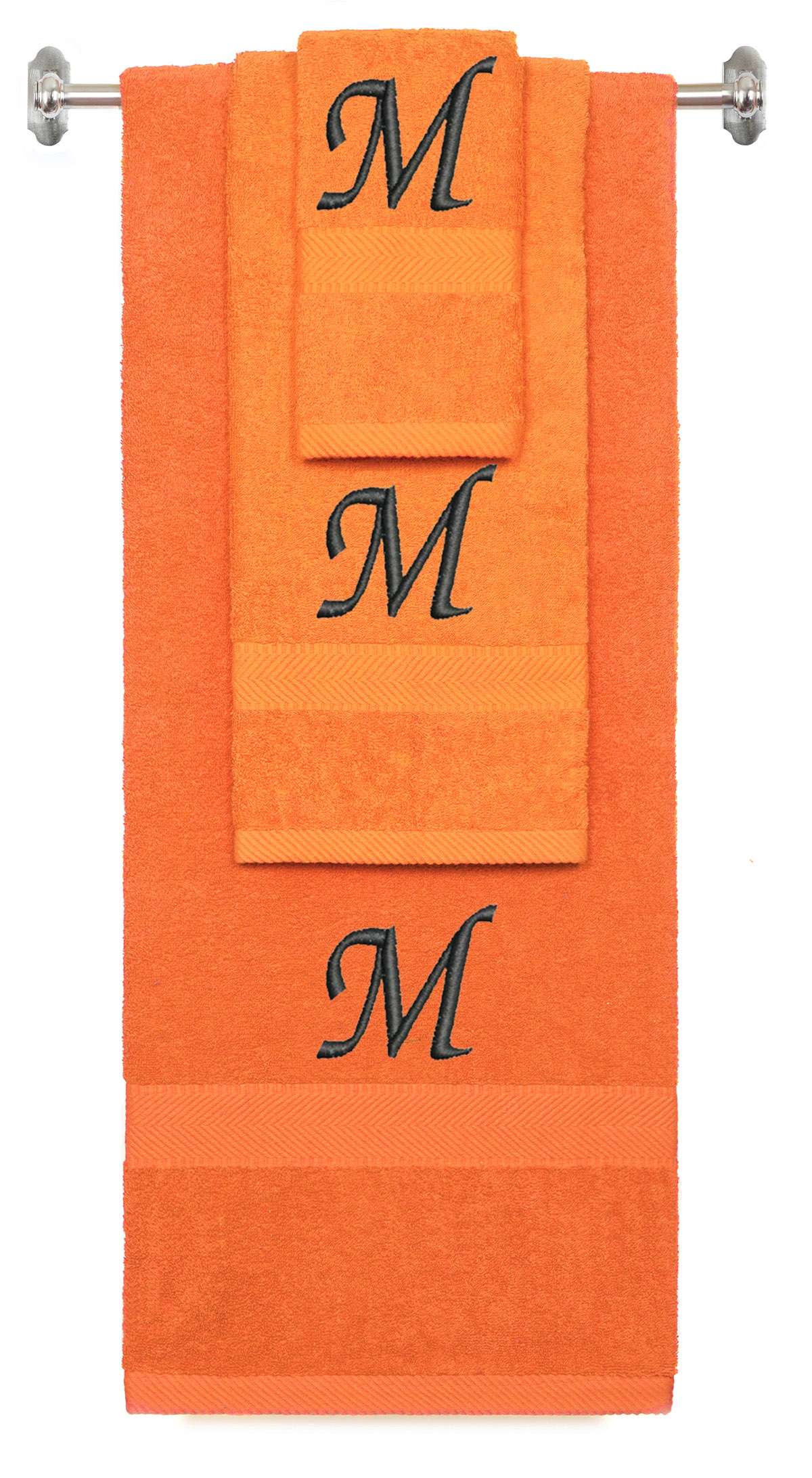 Orange monogrammed towel set with Black thread, Chancery font, initial N - 540 GSM cotton 3-piece
