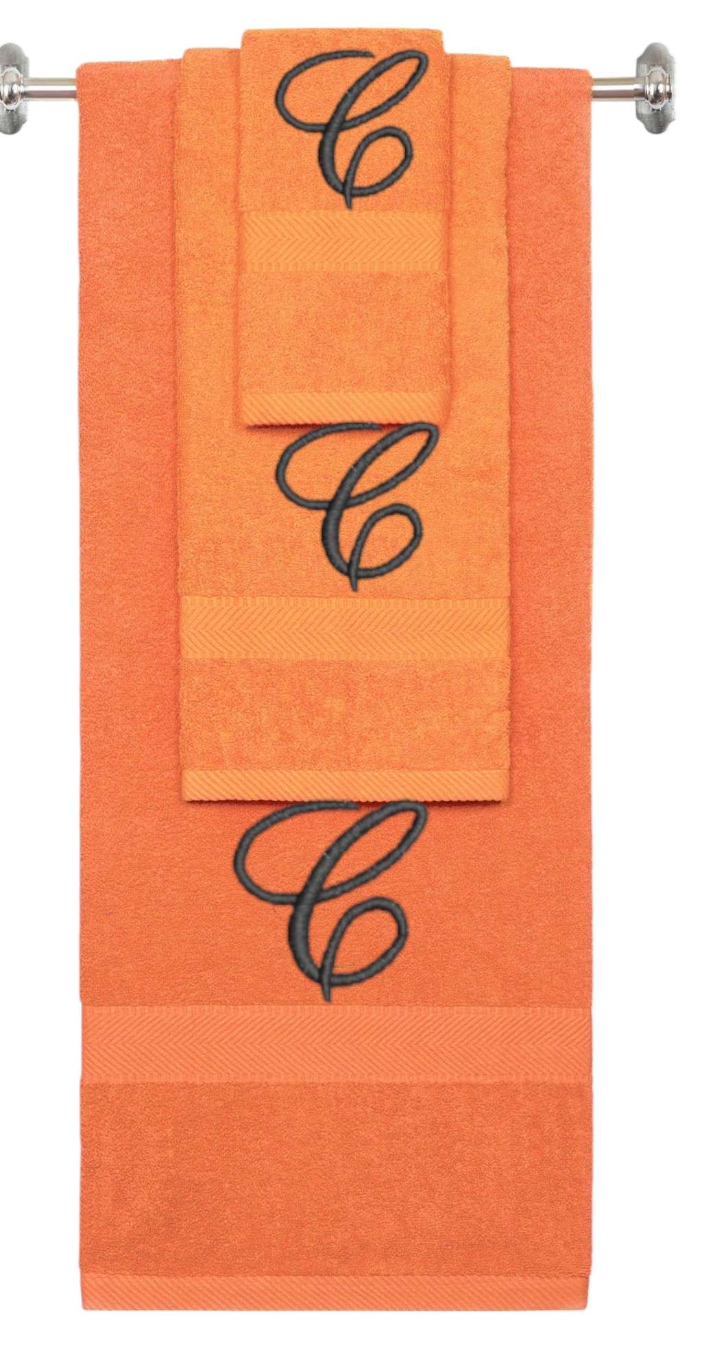 Orange monogrammed towel set with Black thread, Diana Script font, initial C - 540 GSM cotton 3-piece