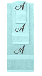 Nautical Teal monogrammed towel set with Black thread, Diana Script font, initial A - 540 GSM cotton 3-piece