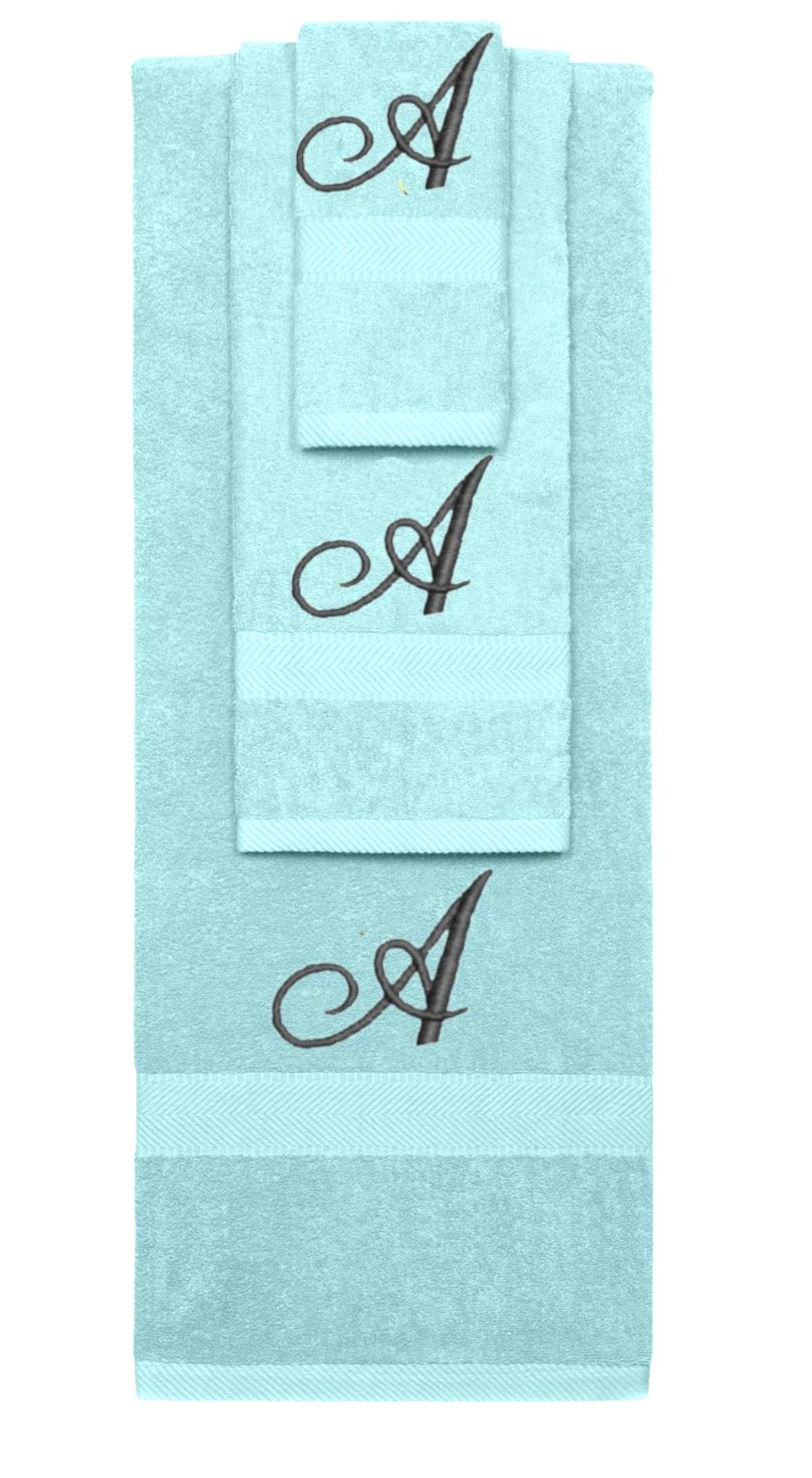 Nautical Teal monogrammed towel set with Black thread, Diana Script font, initial A - 540 GSM cotton 3-piece