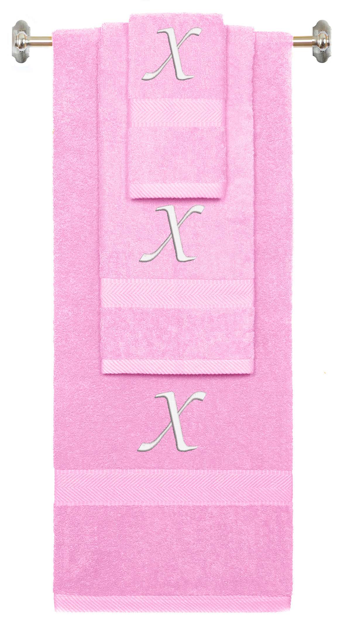 Pink monogrammed towel set with White thread, Chancery font, initial X - 540 GSM cotton 3-piece