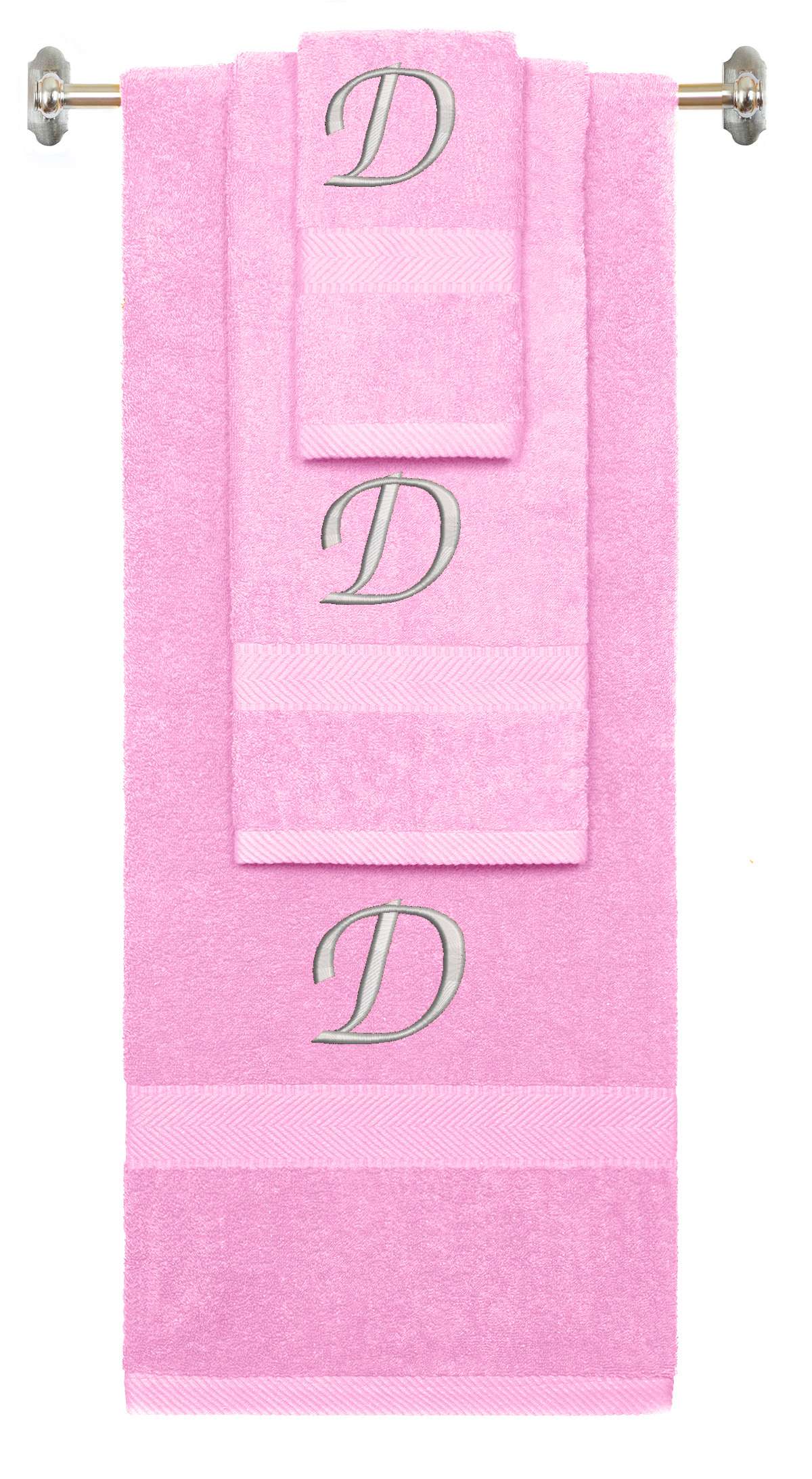 Pink monogrammed towel set with Silver thread, Chancery font, initial D - 540 GSM cotton 3-piece