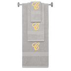 Silver monogrammed towel set with Gold thread, Diana Script font, initial C - 540 GSM cotton 3-piece