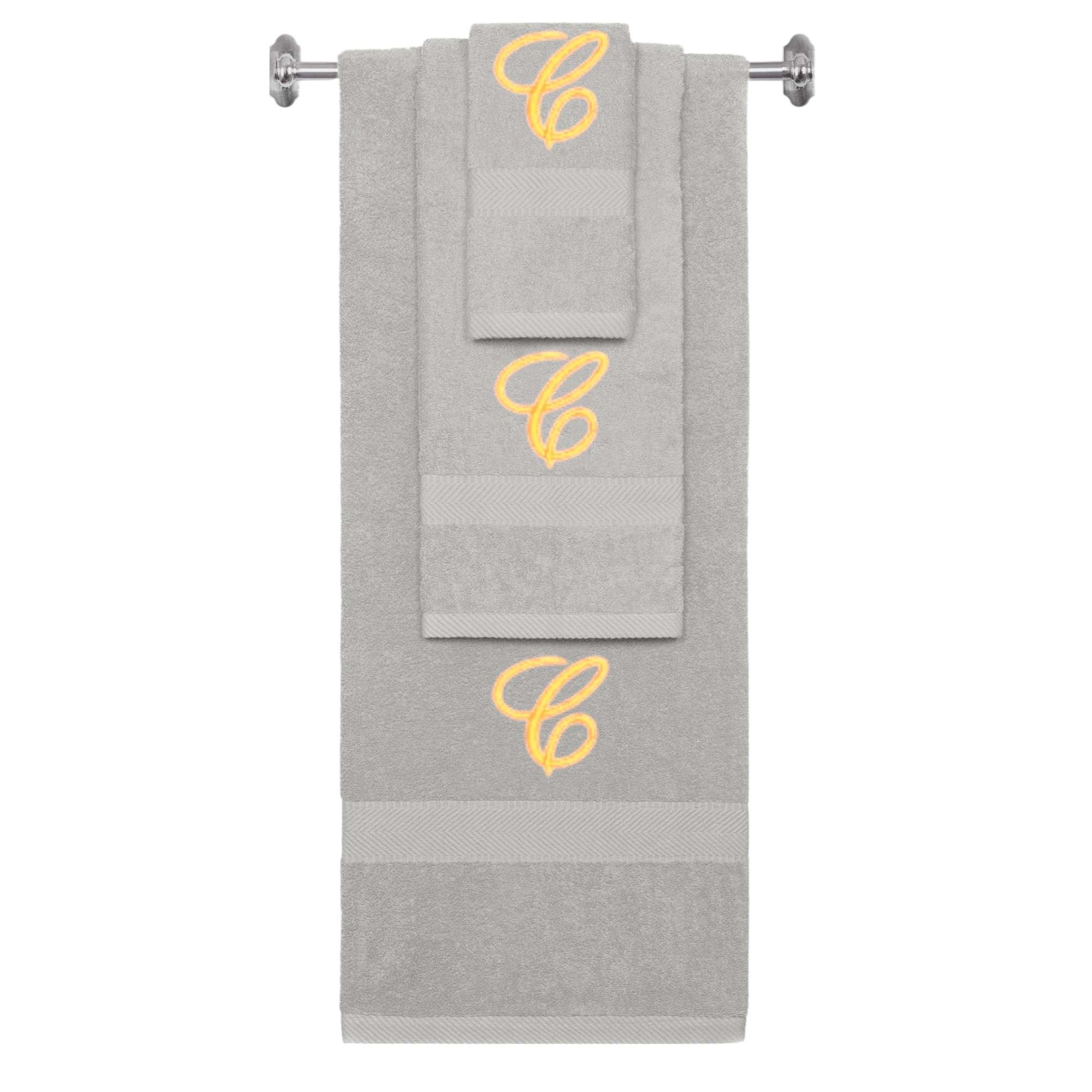 Silver monogrammed towel set with Gold thread, Diana Script font, initial C - 540 GSM cotton 3-piece