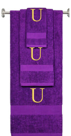 Purple monogrammed towel set with Gold thread, Times New Roman font, initial U - 540 GSM cotton 3-piece