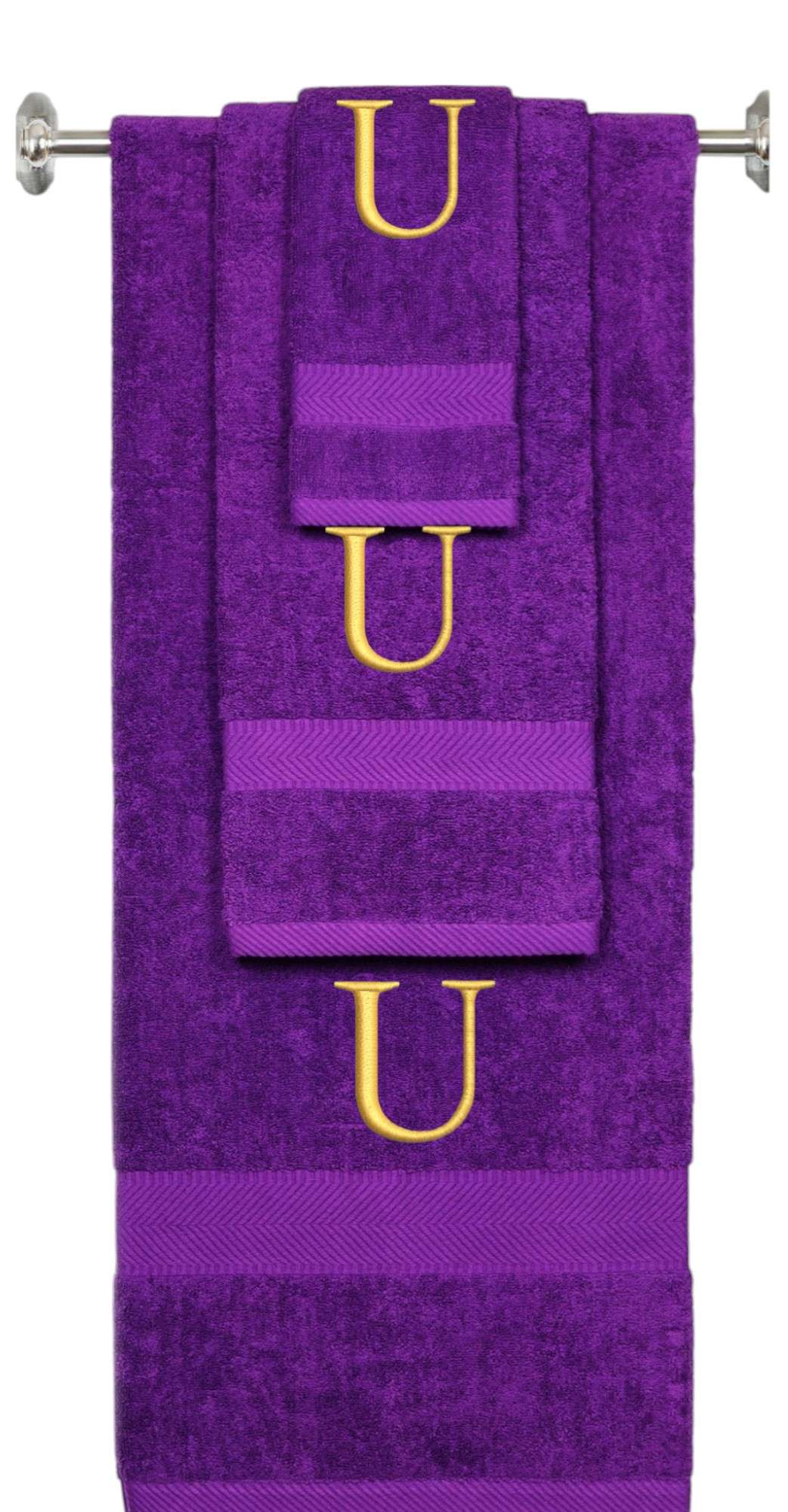 Purple monogrammed towel set with Gold thread, Times New Roman font, initial U - 540 GSM cotton 3-piece