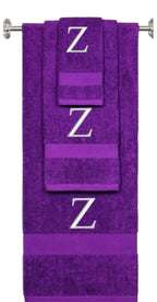 Purple monogrammed towel set with Silver thread, Times New Roman font, initial Z - 540 GSM cotton 3-piece