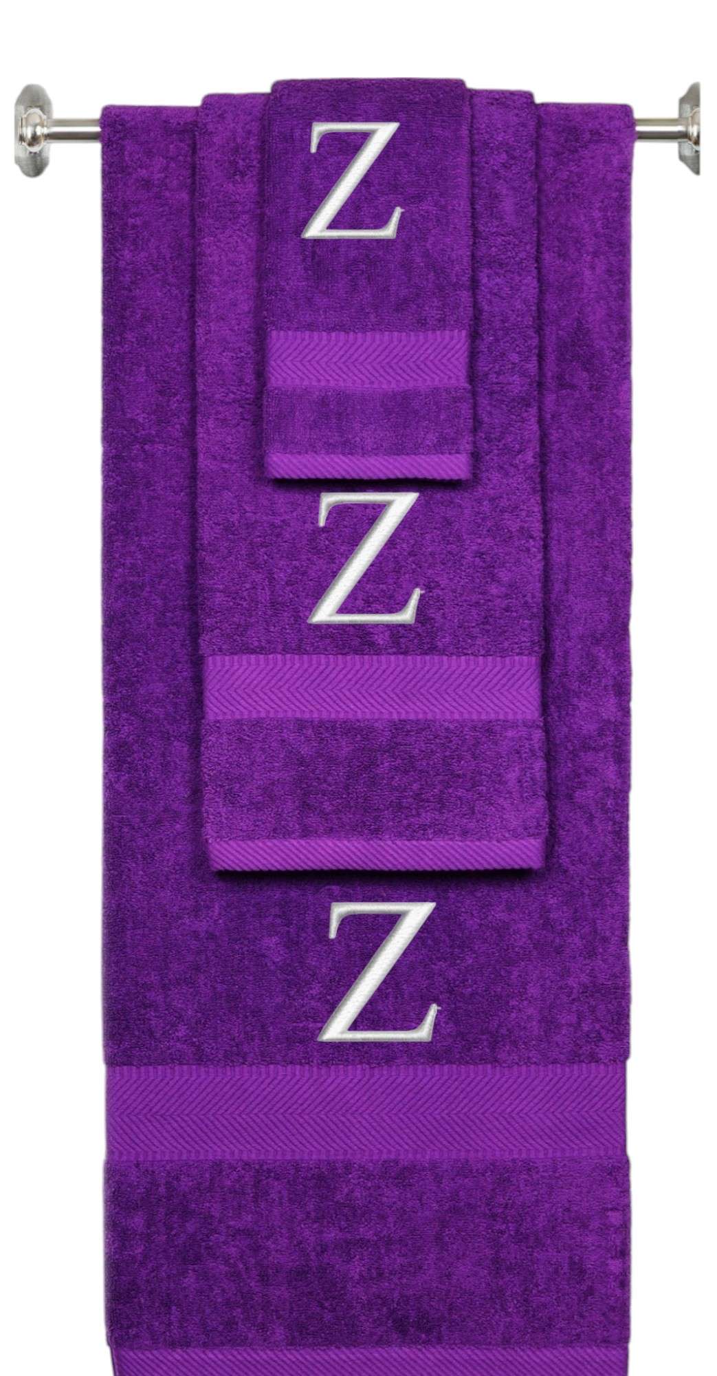 Purple monogrammed towel set with Silver thread, Times New Roman font, initial Z - 540 GSM cotton 3-piece