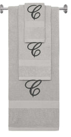 Silver monogrammed towel set with Black thread, Diana Script font, initial C - 540 GSM cotton 3-piece