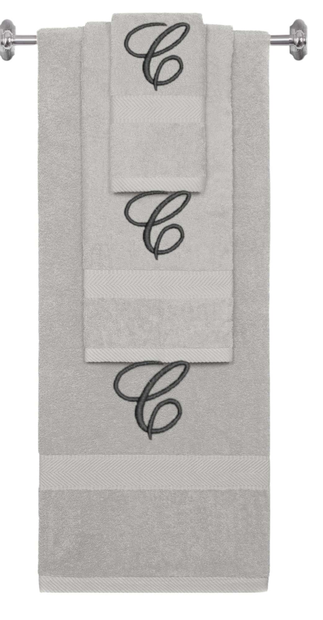 Silver monogrammed towel set with Black thread, Diana Script font, initial C - 540 GSM cotton 3-piece