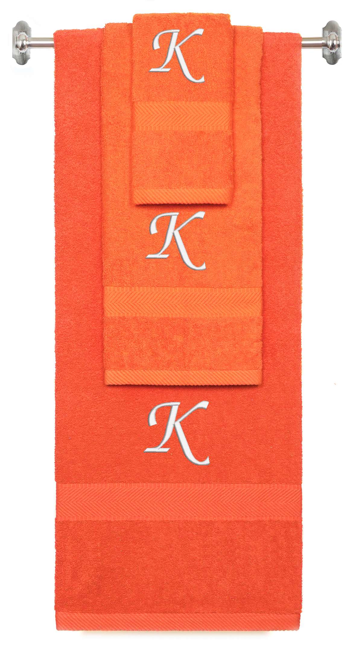Orange monogrammed towel set with White thread, Chancery font, initial K - 540 GSM cotton 3-piece