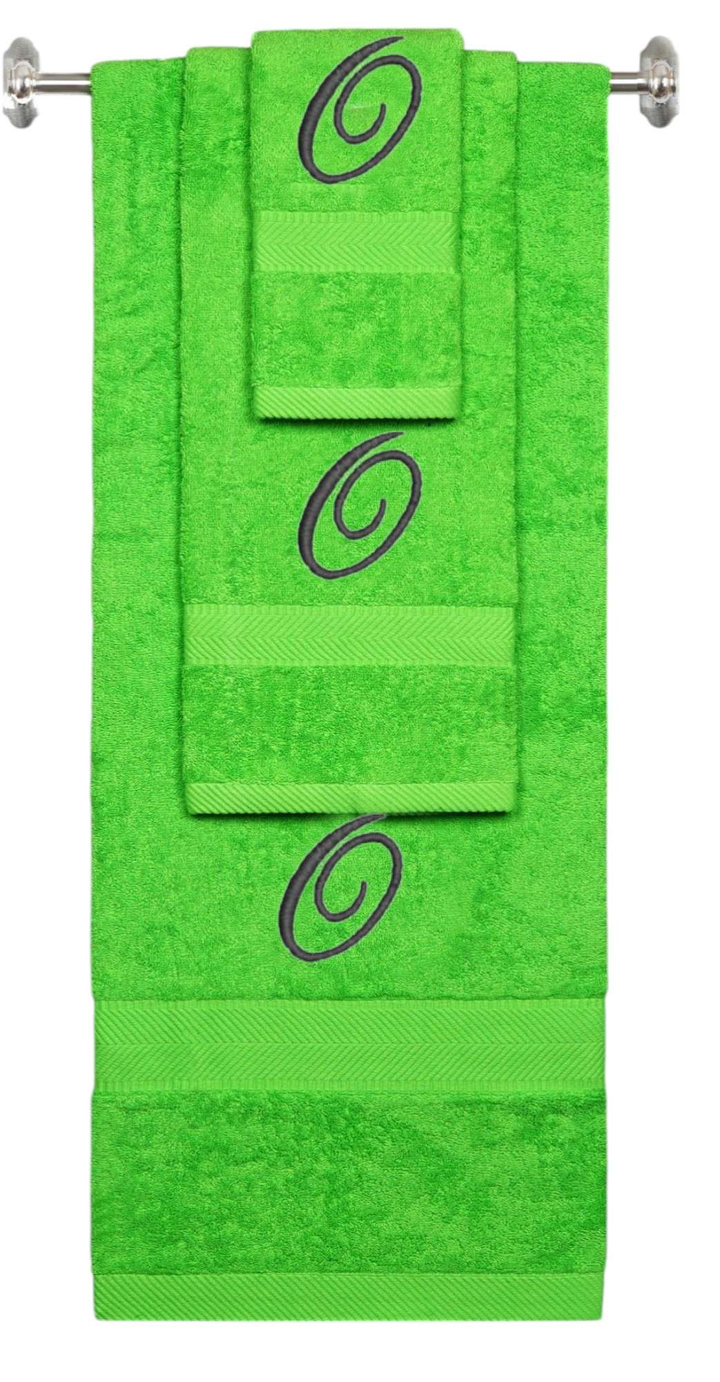 Lime monogrammed towel set with Black thread, Diana Script font, initial O - 540 GSM cotton 3-piece
