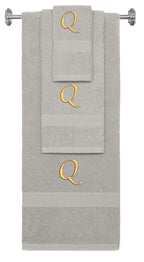 Silver monogrammed towel set with Gold thread, Chancery font, initial Q - 540 GSM cotton 3-piece
