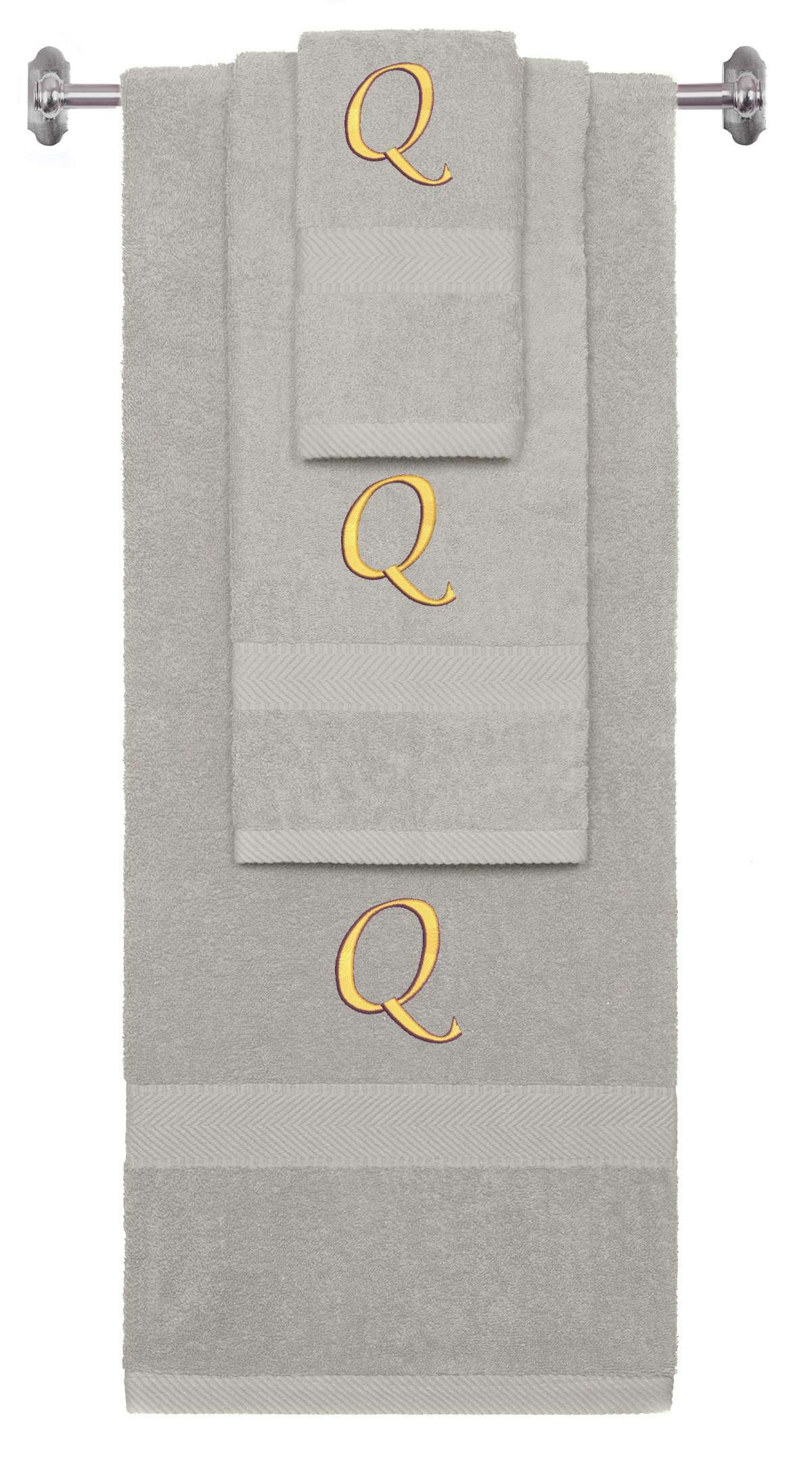 Silver monogrammed towel set with Gold thread, Chancery font, initial Q - 540 GSM cotton 3-piece