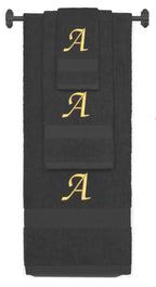 Charcoal monogrammed towel set with Gold thread, Chancery font, initial A - 540 GSM cotton 3-piece