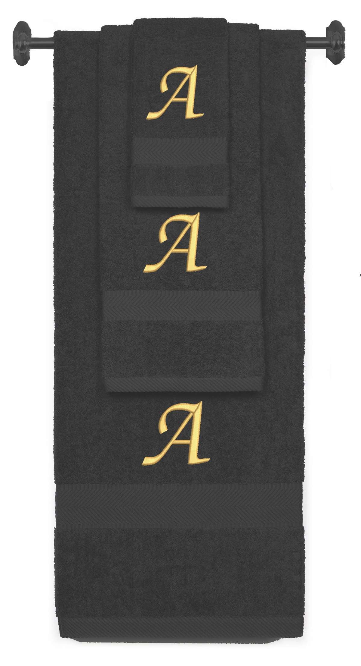 Charcoal monogrammed towel set with Gold thread, Chancery font, initial A - 540 GSM cotton 3-piece