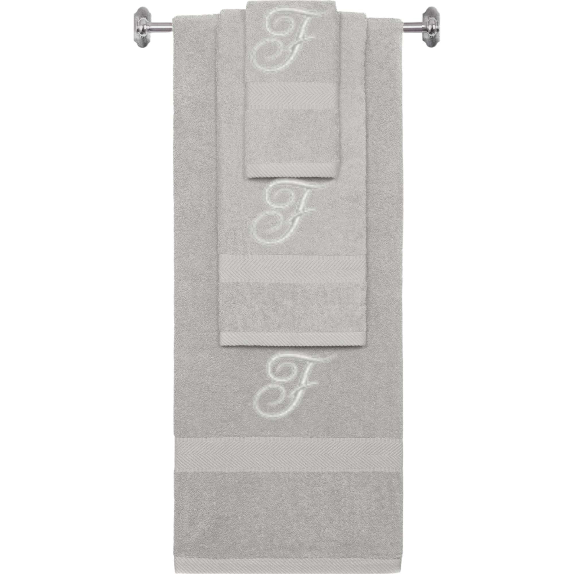 Silver monogrammed towel set with Silver thread, Diana Script font, initial F - 540 GSM cotton 3-piece