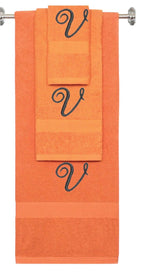 Orange monogrammed towel set with Black thread, Diana Script font, initial V - 540 GSM cotton 3-piece