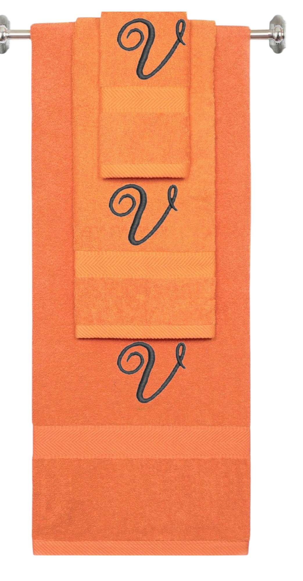 Orange monogrammed towel set with Black thread, Diana Script font, initial V - 540 GSM cotton 3-piece