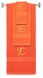 Orange monogrammed towel set with Gold thread, Chancery font, initial E - 540 GSM cotton 3-piece
