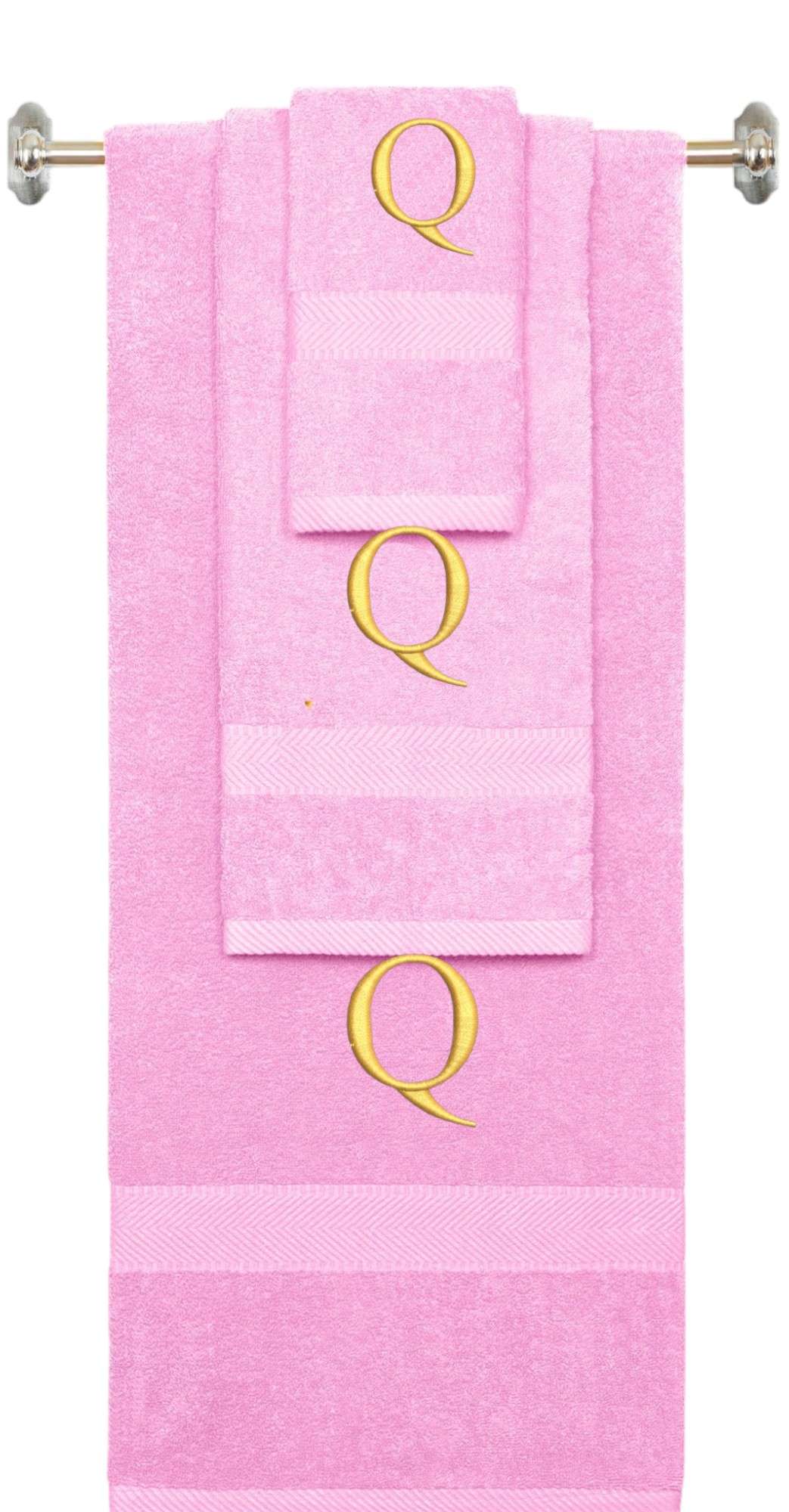 Pink monogrammed towel set with Silver thread, Times New Roman font, initial Q - 540 GSM cotton 3-piece