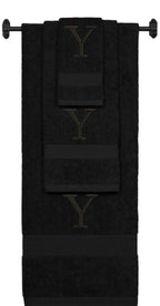 Black monogrammed towel set with Black thread, Times New Roman font, initial Y - 540 GSM cotton 3-piece