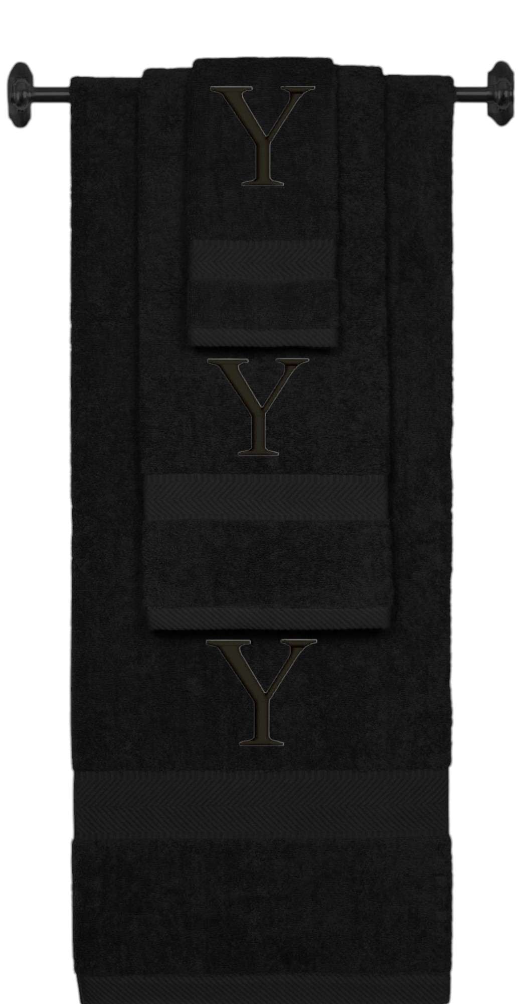 Black monogrammed towel set with Black thread, Times New Roman font, initial Y - 540 GSM cotton 3-piece