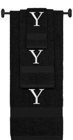 Black monogrammed towel set with Silver thread, Times New Roman font, initial Y - 540 GSM cotton 3-piece