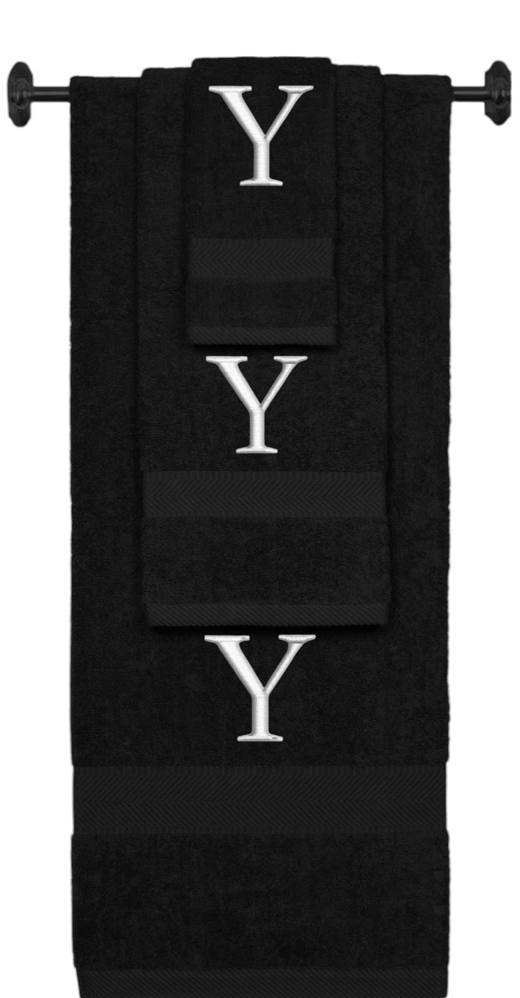 Black monogrammed towel set with Silver thread, Times New Roman font, initial Y - 540 GSM cotton 3-piece