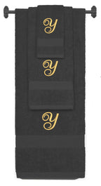 Charcoal monogrammed towel set with Gold thread, Diana Script font, initial Y - 540 GSM cotton 3-piece