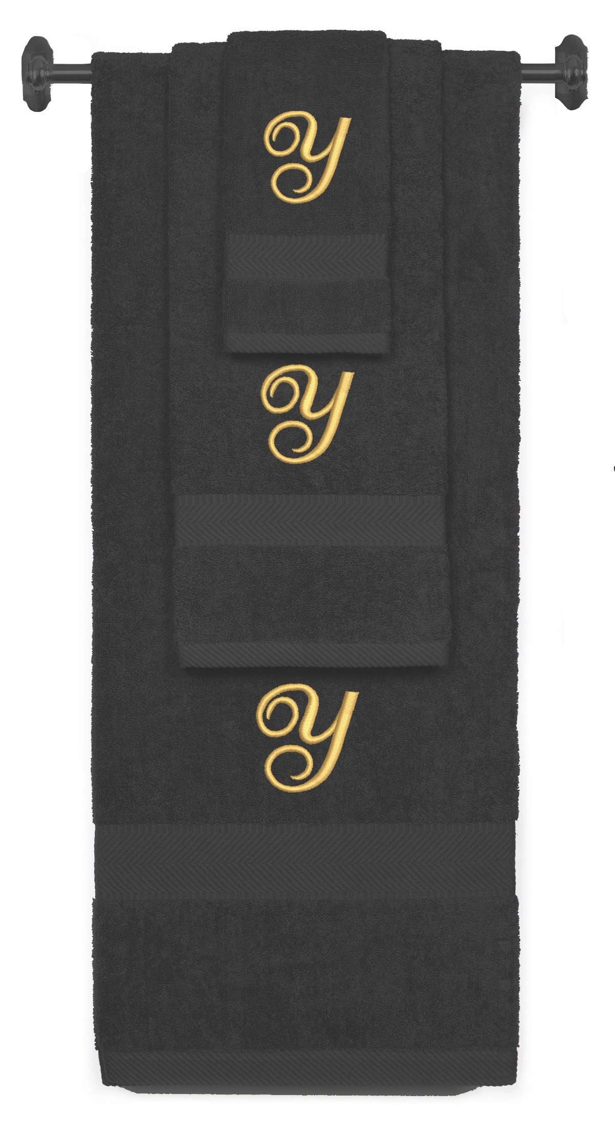 Charcoal monogrammed towel set with Gold thread, Diana Script font, initial Y - 540 GSM cotton 3-piece