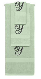 Mint Green monogrammed towel set with Black thread, Diana Script font, initial Y - 540 GSM cotton 3-piece