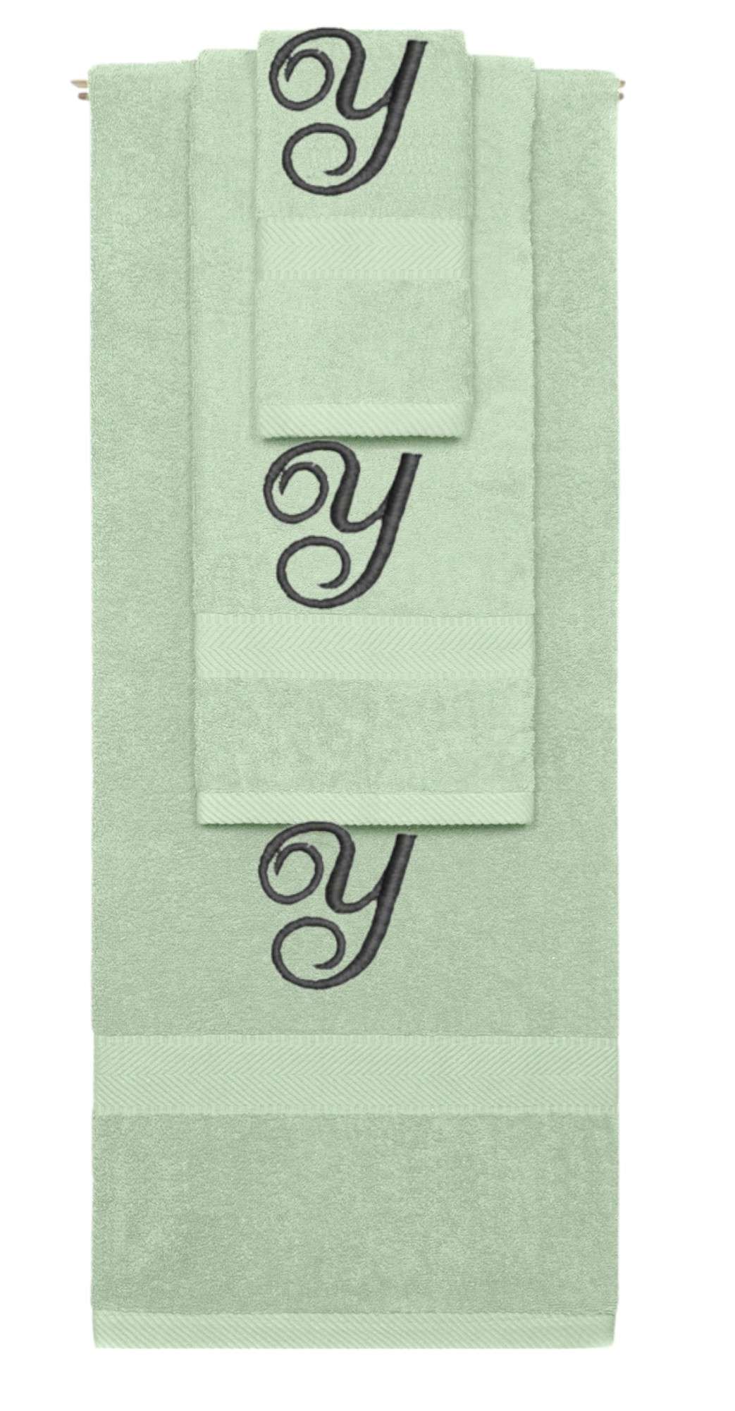 Mint Green monogrammed towel set with Black thread, Diana Script font, initial Y - 540 GSM cotton 3-piece