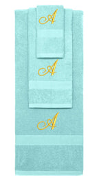 Nautical Teal monogrammed towel set with Gold thread, Diana Script font, initial A - 540 GSM cotton 3-piece