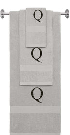 Silver monogrammed towel set with Black thread, Times New Roman font, initial Q - 540 GSM cotton 3-piece