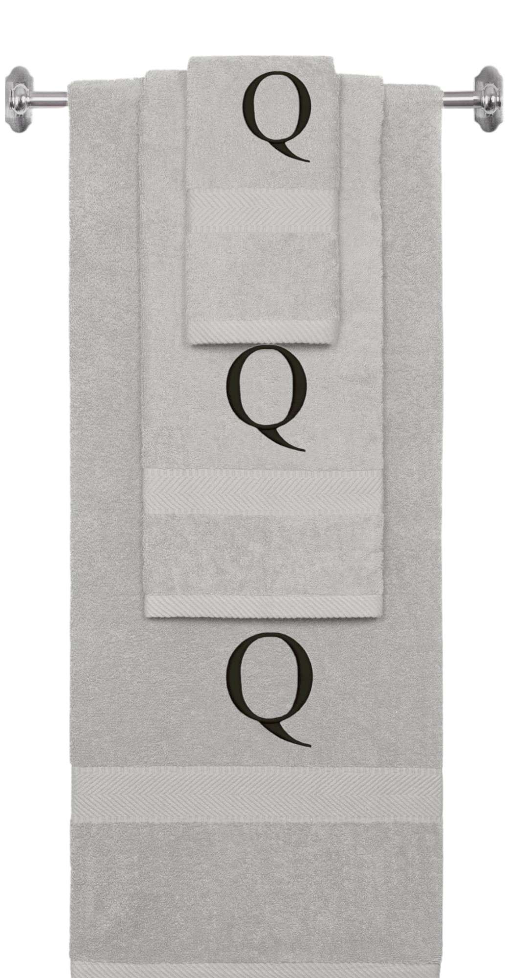 Silver monogrammed towel set with Black thread, Times New Roman font, initial Q - 540 GSM cotton 3-piece