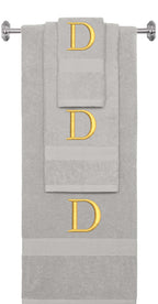 Silver monogrammed towel set with Gold thread, Times New Roman font, initial D - 540 GSM cotton 3-piece