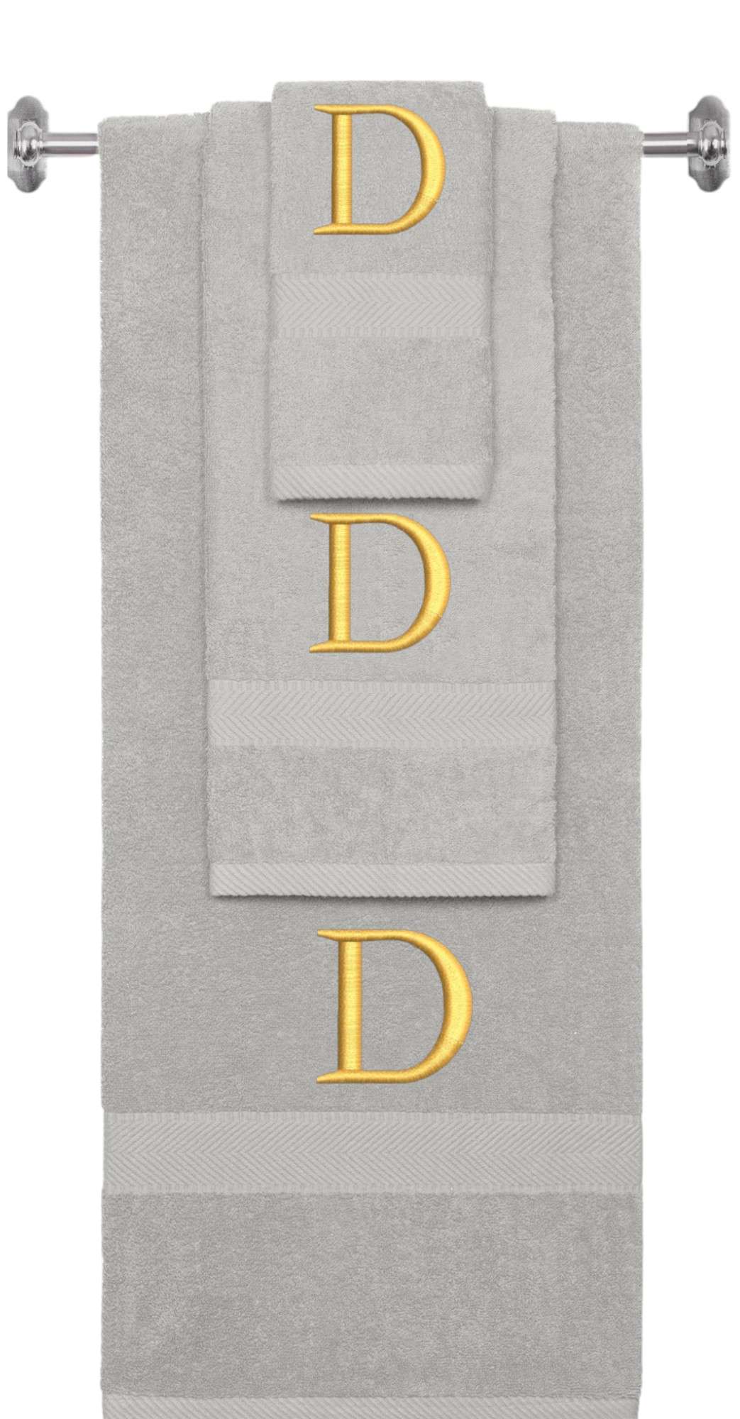 Silver monogrammed towel set with Gold thread, Times New Roman font, initial D - 540 GSM cotton 3-piece