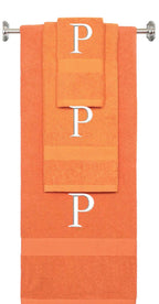 Orange monogrammed towel set with White thread, Times New Roman font, initial P - 540 GSM cotton 3-piece