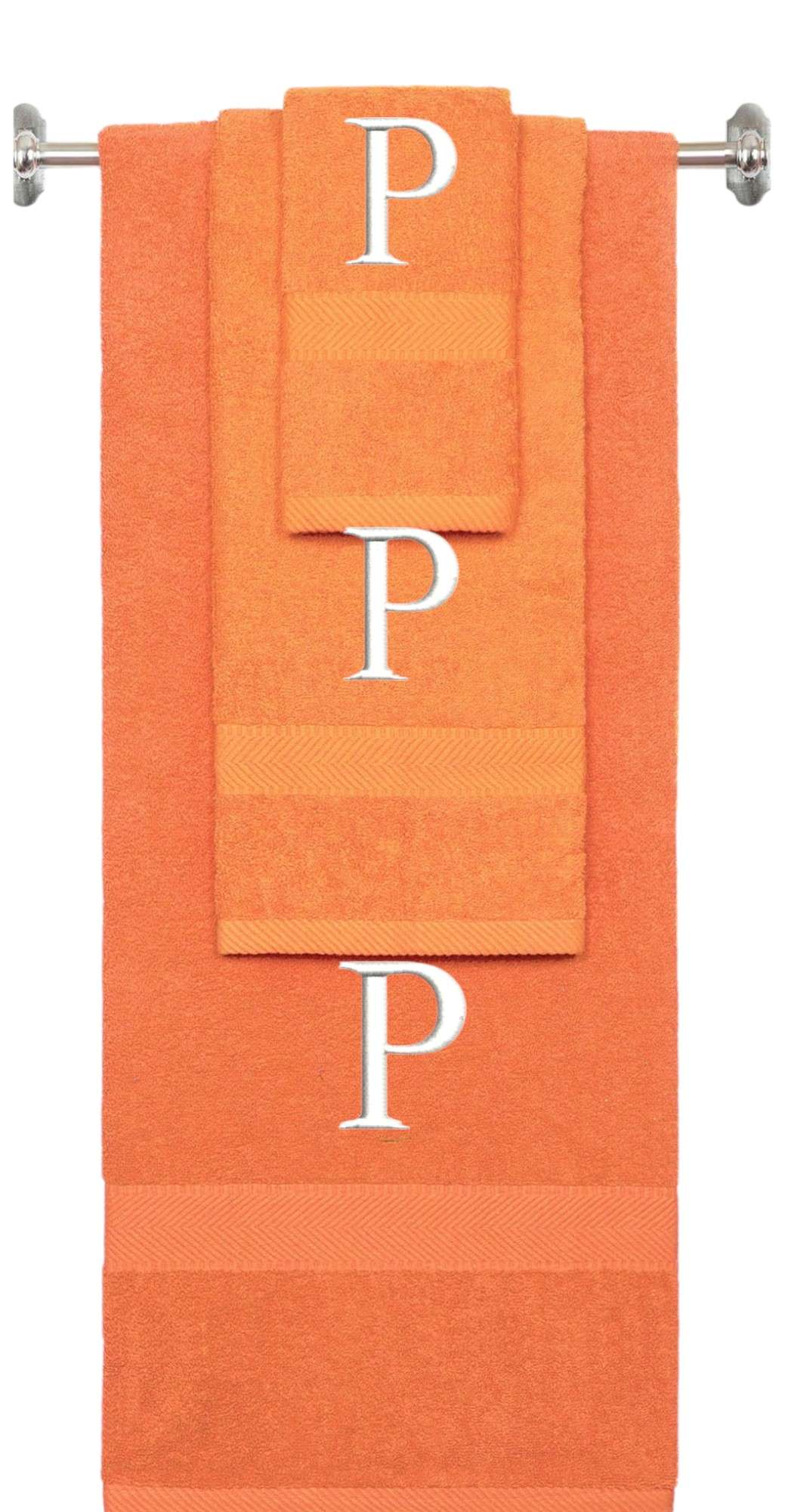 Orange monogrammed towel set with White thread, Times New Roman font, initial P - 540 GSM cotton 3-piece