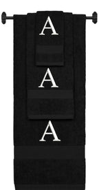 Black monogrammed towel set with White thread, Times New Roman font, initial A - 540 GSM cotton 3-piece