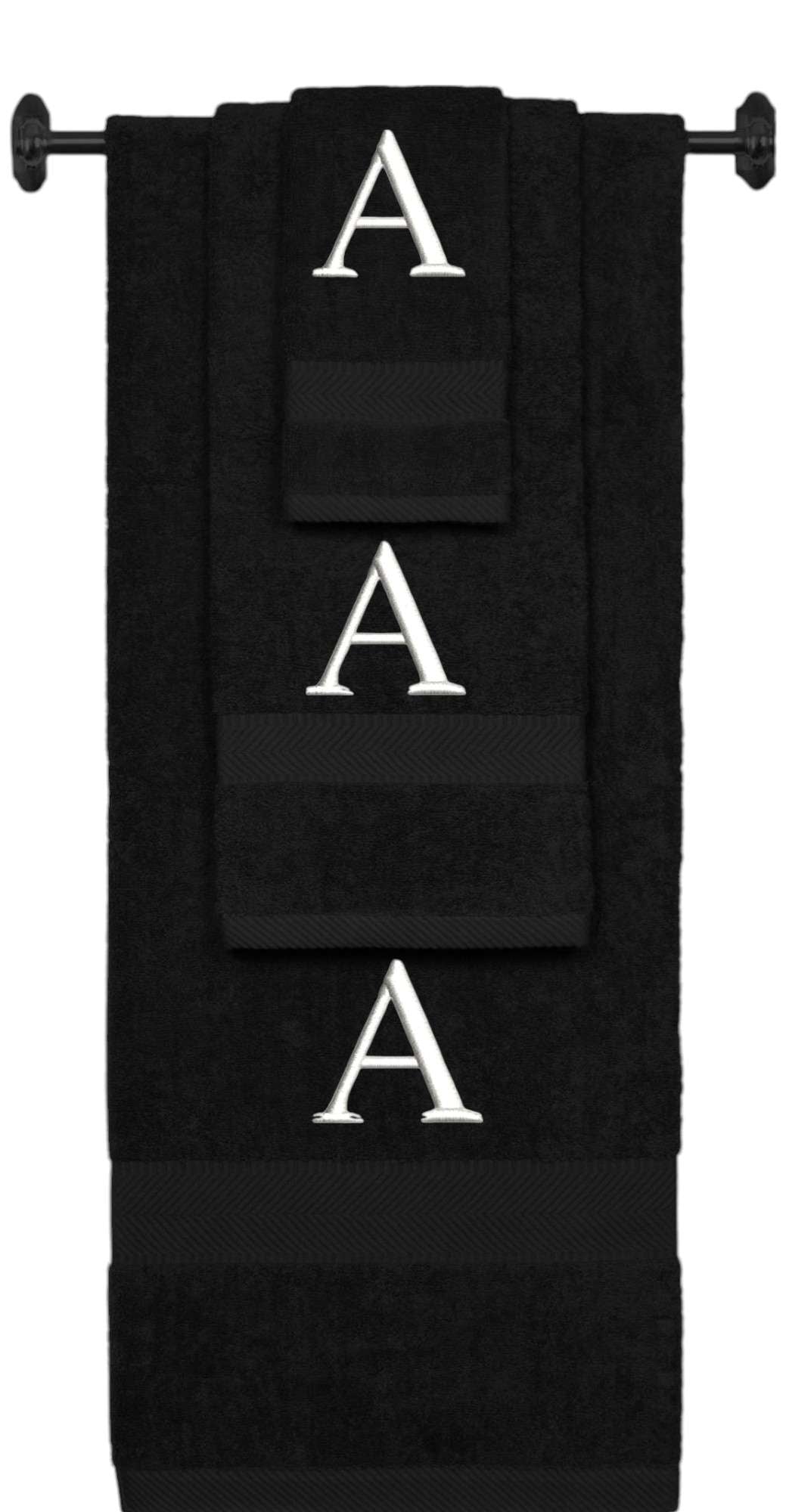 Black monogrammed towel set with White thread, Times New Roman font, initial A - 540 GSM cotton 3-piece