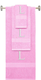 Pink monogrammed towel set with White thread, Times New Roman font, initial L - 540 GSM cotton 3-piece
