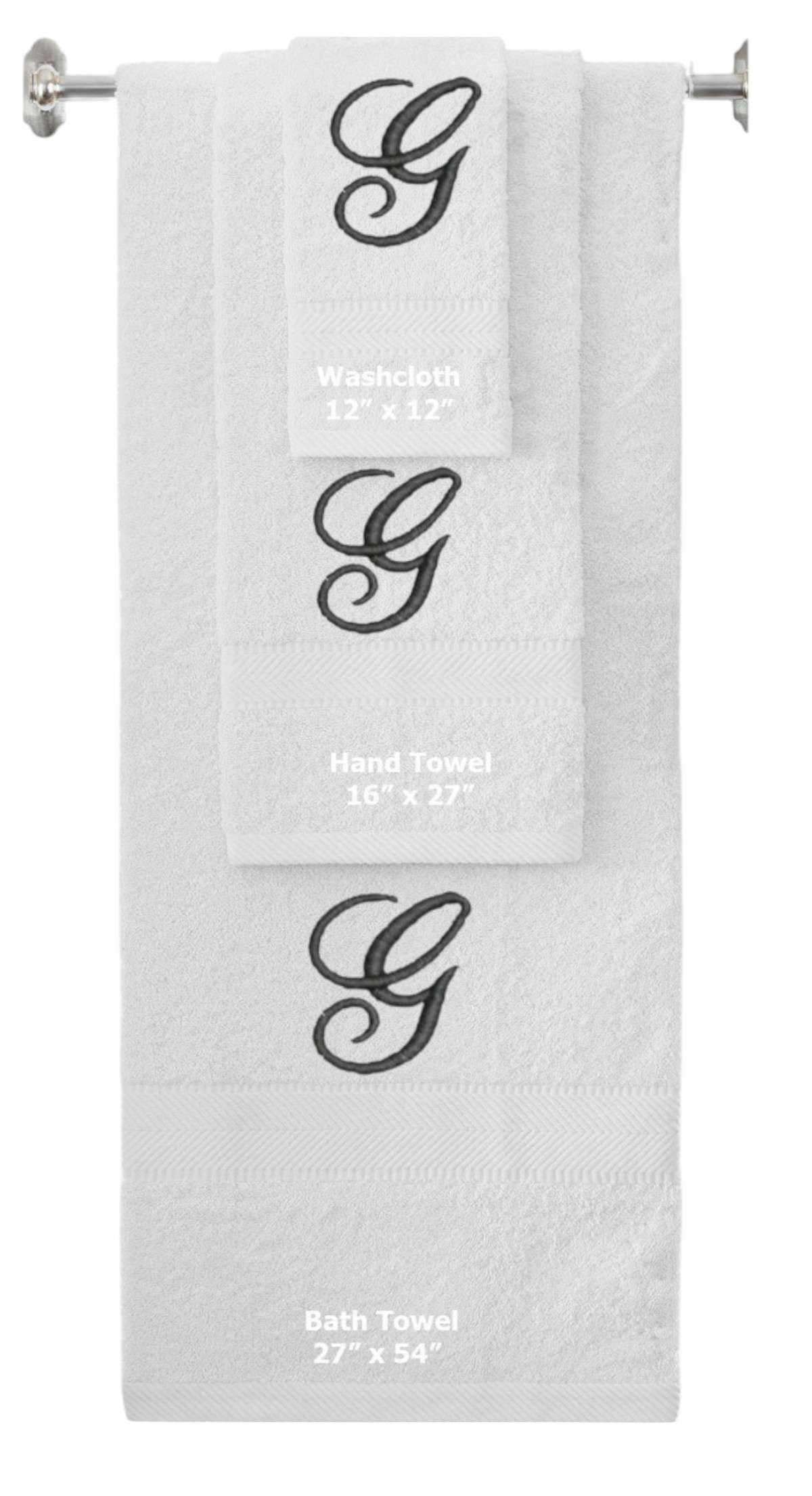 White monogrammed towel set with Black thread, Diana Script font, initial G - 540 GSM cotton 3-piece