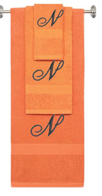 Orange monogrammed towel set with Black thread, Diana Script font, initial N - 540 GSM cotton 3-piece