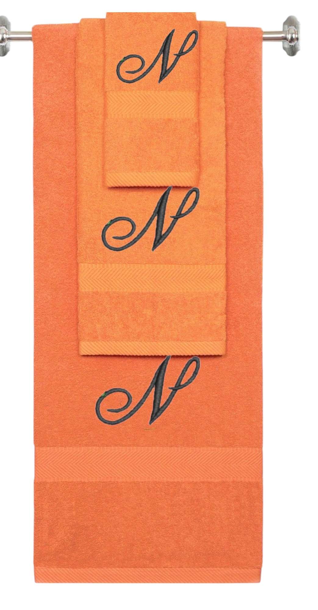 Orange monogrammed towel set with Black thread, Diana Script font, initial N - 540 GSM cotton 3-piece